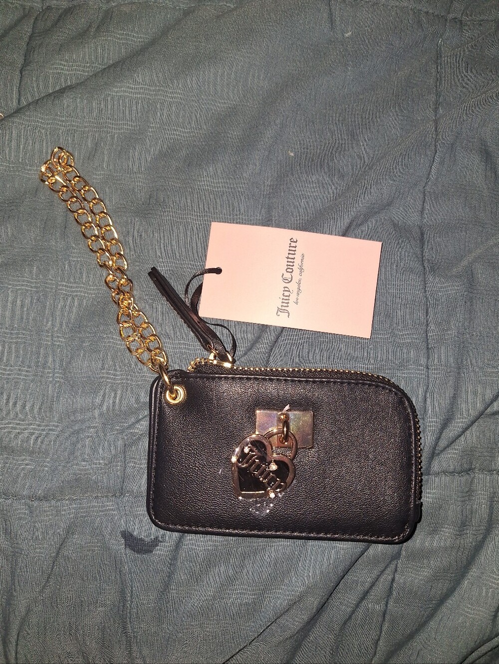 Juicy Couture Black Leather Zip Wristlet with Gold Chain